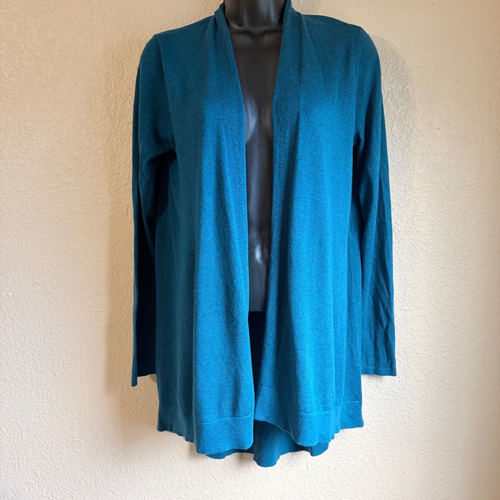 Eileen Fisher Teal Blue Tencel Organic Cotton Silk Open Front Cardigan XS NEW